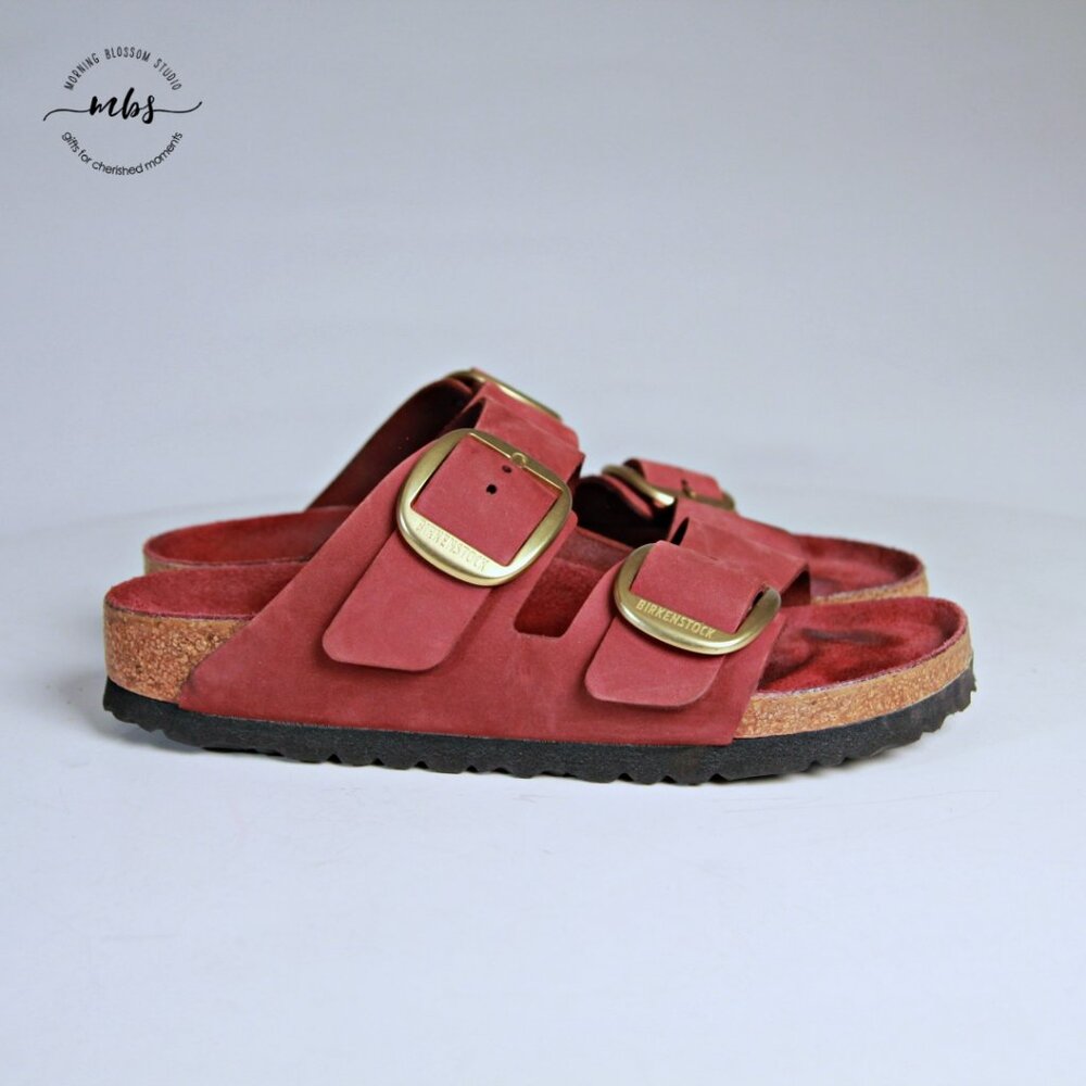 Birkenstock Red Sandals with Gold Buckles